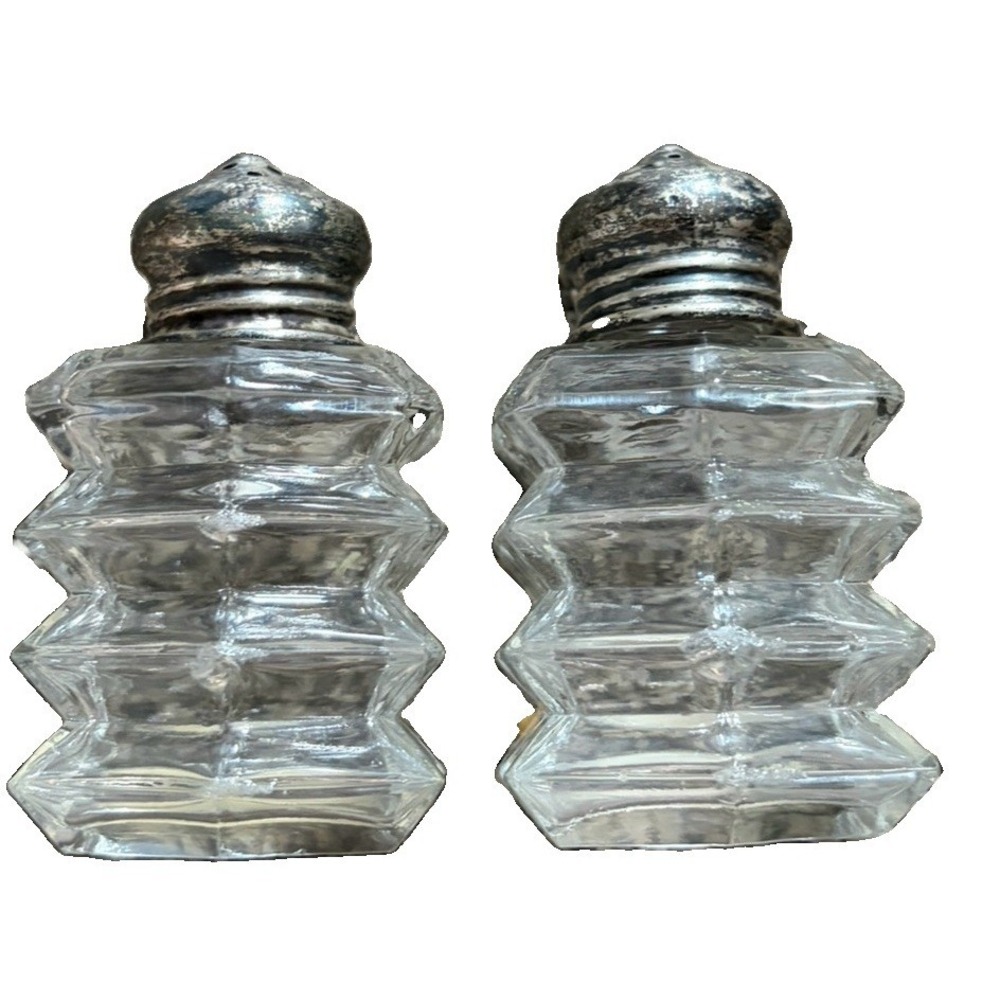 Vtg R.B.Rogers Sterling Silver Top Salt/Pepper Shakers Art Deco Glass Pair